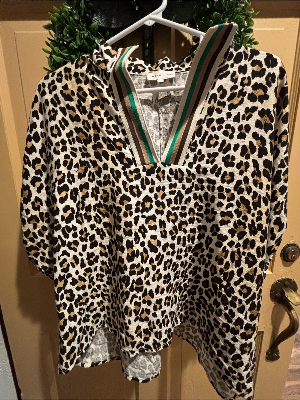 entro Leopard Print Hoodie with Striped V-Neck Trim in Cream, Black, Brown